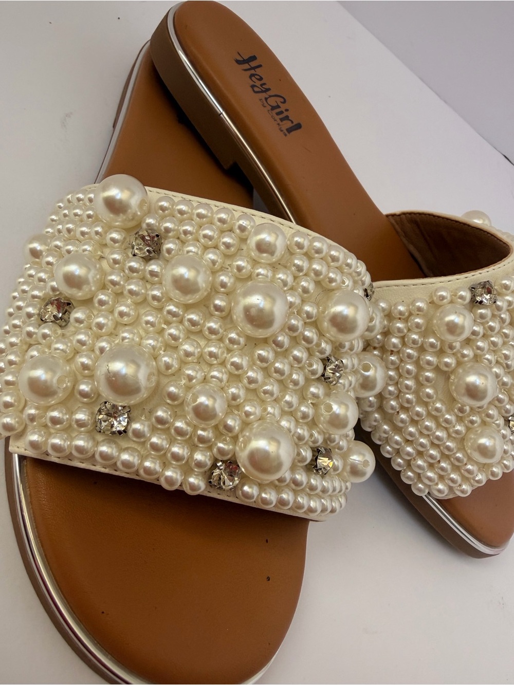 Hey Girl Pearl-Embellished Cream Slide Sandals